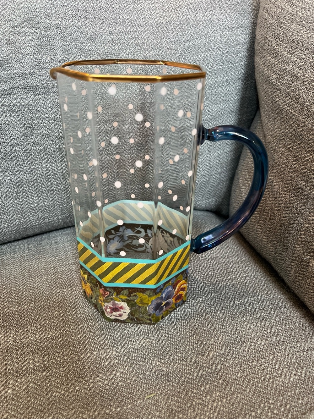 Vintage MacKenzie Childs 1983 Garland Pink Polka Dots Glass Water Pitcher 48 oz